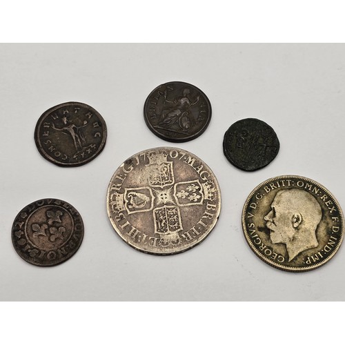 120 - Mixed coins of interest to include Queen Anne Edinburgh mint 1707 Halfcrown, 1921 Florin, 1717 'Dump... 