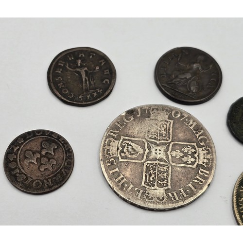 120 - Mixed coins of interest to include Queen Anne Edinburgh mint 1707 Halfcrown, 1921 Florin, 1717 'Dump... 