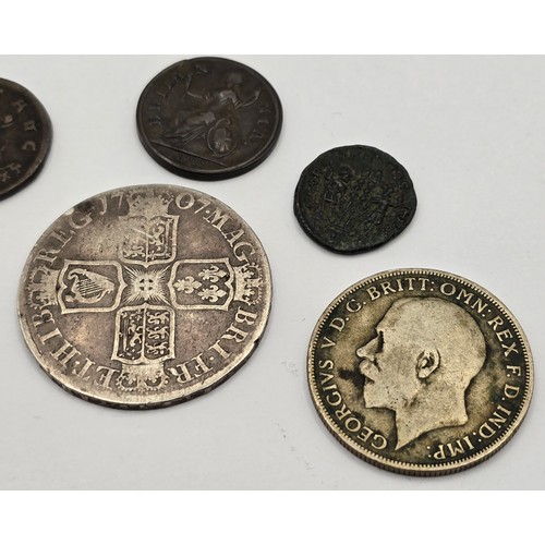 120 - Mixed coins of interest to include Queen Anne Edinburgh mint 1707 Halfcrown, 1921 Florin, 1717 'Dump... 