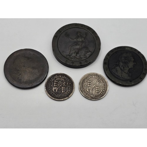 72 - George III - 1817, 1820 Silver Sixpence, together with 1797 'Cartwheel' Two Penny and a pair of One ... 