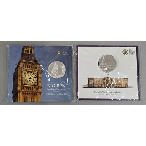 90 - 2015 2oz Silver £100 Coins - Big Ben and Buckingham Palace