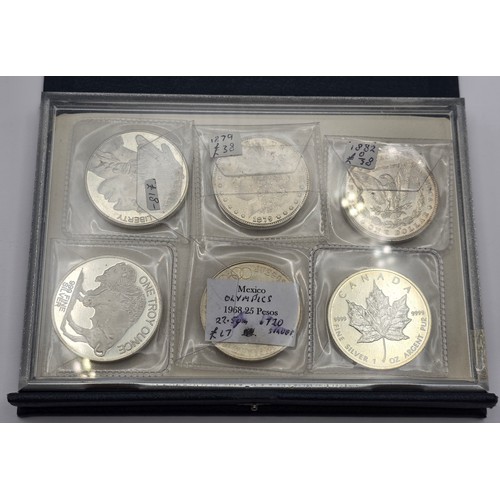 98 - A collection of commemorative and other coins to include, 1879 and 1882 USA Silver 'Morgan' Dollars,... 