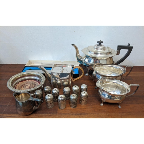 466 - Silver plate and EPNS tableware to include teapots, salts, a wine/bottle coaster and other items Loc... 