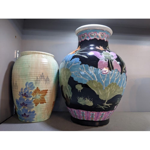 465 - Oriental inspired and English china and ceramics to include a converted crackle glazed table lamp, a... 