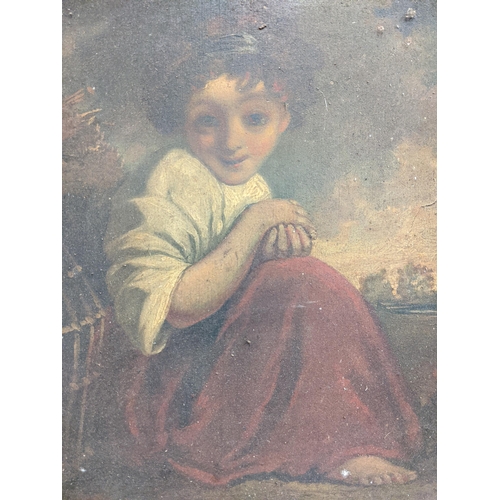 485 - A 19th century school, oil on panel depicting a child crouching and smiling in a gold coloured frame... 