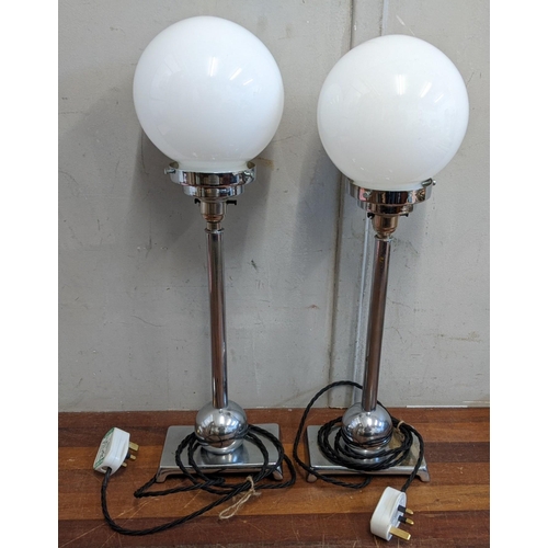 490 - A pair of Art Deco chrome plated desk lamps with round opaline glass shades, re-wired and PAT tested... 