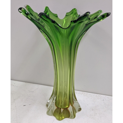 509 - A mid 20th century green glass vase having a fluted column with pointed rim, possibly Murano, 36.5CM... 