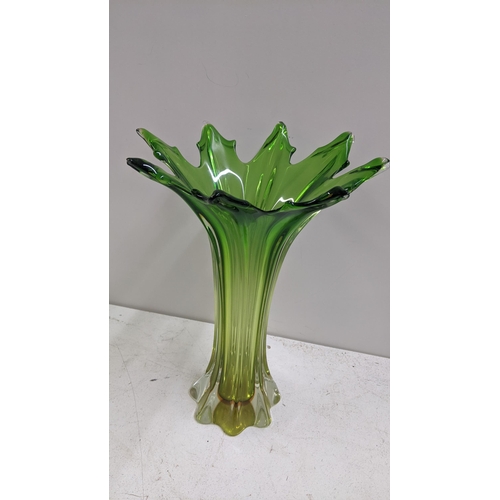 509 - A mid 20th century green glass vase having a fluted column with pointed rim, possibly Murano, 36.5CM... 