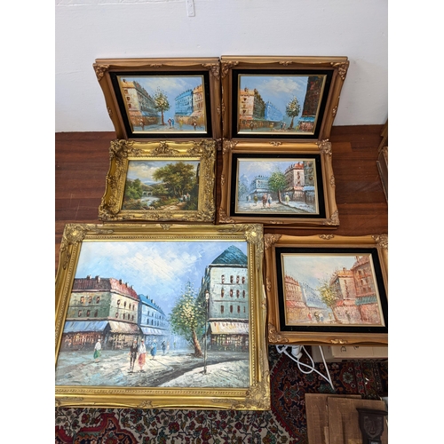 471 - Six late 20th century oil paintings on canvas of Parisian street scenes and of a river scene Locatio... 