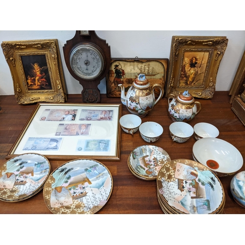 476 - A Japanese porcelain eggshell tea set, an oak barometer, Only Fools and Horses banknotes, and prints... 