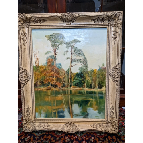 478 - W S Mead - a lake scene with trees, oil, signed, framed Location: G  
If there is no condition repor... 