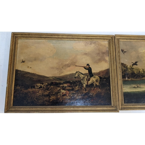 514 - A pair of 19th century English school oil on canvas paintings depicting grouse shooting and duck sho... 