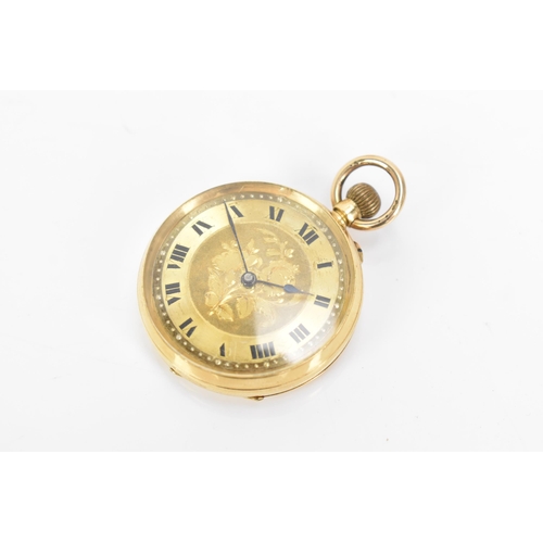 11 - An early 20th century 18ct gold, open face, keyless wound fob watch, the gilt dial having a floral e... 