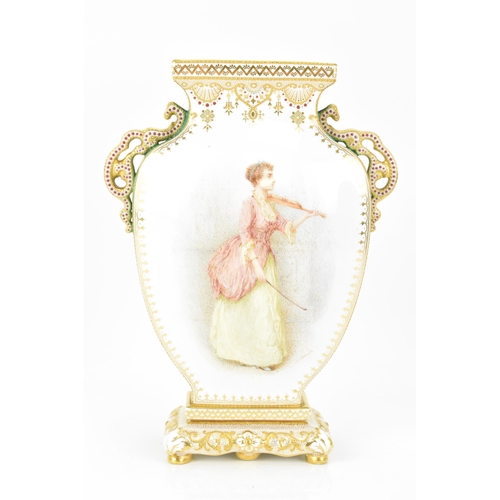 133 - A late 19th/early 20th century Copelands twin handled vase, painted with a lady playing the violin t... 