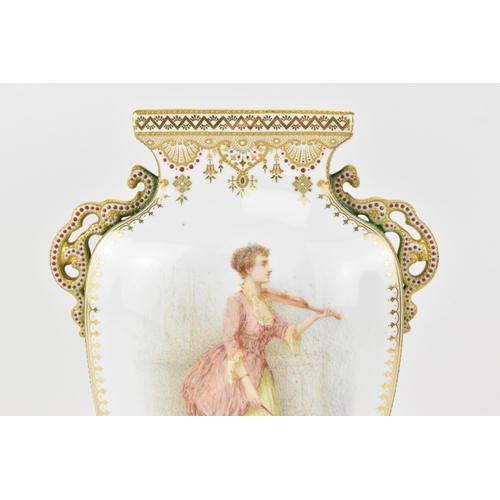 133 - A late 19th/early 20th century Copelands twin handled vase, painted with a lady playing the violin t... 