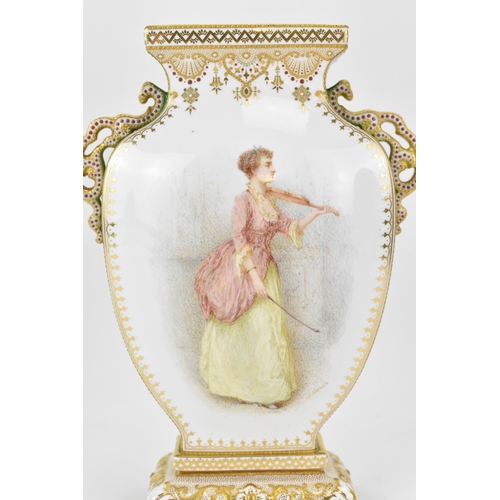 133 - A late 19th/early 20th century Copelands twin handled vase, painted with a lady playing the violin t... 