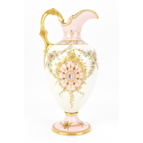 134 - A late 19th century Coalport 'jewelled' ewer, the white and pink ground painted with two panels with... 