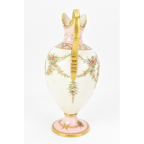 134 - A late 19th century Coalport 'jewelled' ewer, the white and pink ground painted with two panels with... 