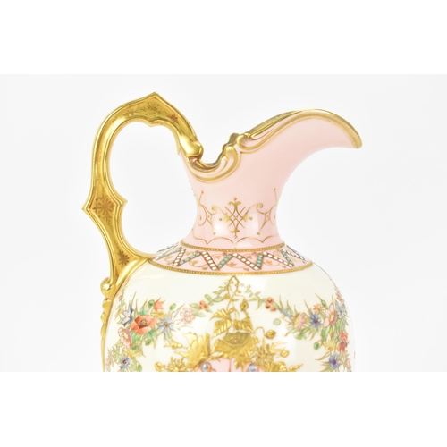 134 - A late 19th century Coalport 'jewelled' ewer, the white and pink ground painted with two panels with... 