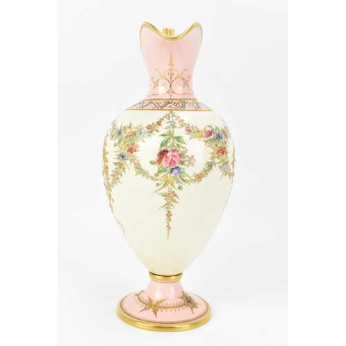 134 - A late 19th century Coalport 'jewelled' ewer, the white and pink ground painted with two panels with... 