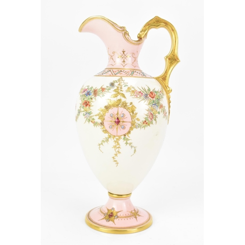 134 - A late 19th century Coalport 'jewelled' ewer, the white and pink ground painted with two panels with... 