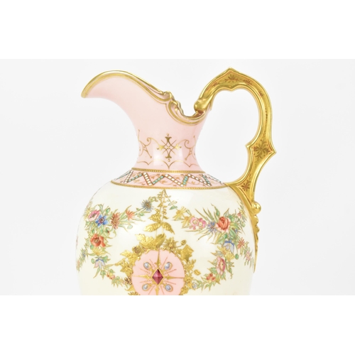 134 - A late 19th century Coalport 'jewelled' ewer, the white and pink ground painted with two panels with... 