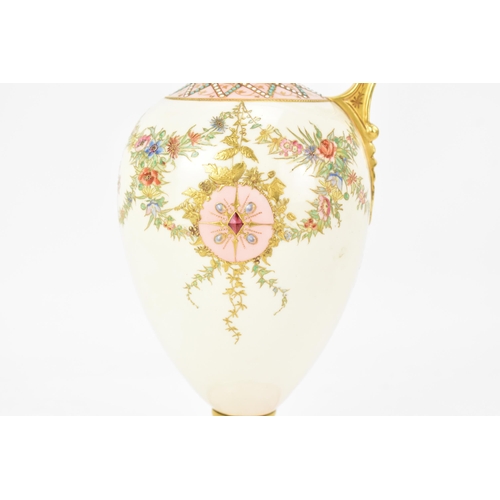 134 - A late 19th century Coalport 'jewelled' ewer, the white and pink ground painted with two panels with... 