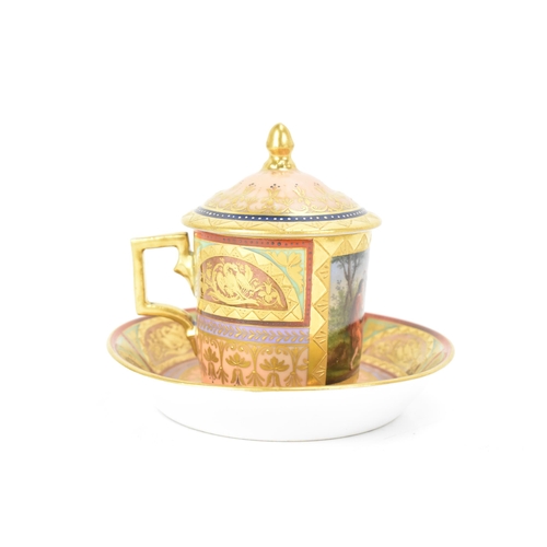 135 - A late 19th/early 20th century Vienna porcelain chocolate cup with cover and saucer, of cylindrical ... 