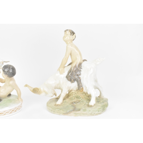 143 - Two Royal Copenhagen porcelain figures to include Faun riding on a goat, no. 737, 20cm high x 21cm w... 