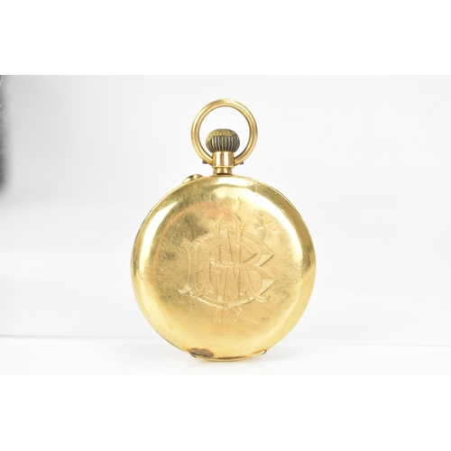 15 - An early 20th century 18ct gold, half hunter. keyless wound pocket watch, the white enamel dial havi... 