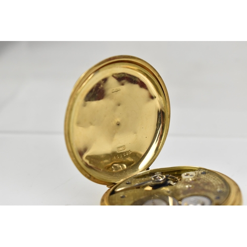 15 - An early 20th century 18ct gold, half hunter. keyless wound pocket watch, the white enamel dial havi... 