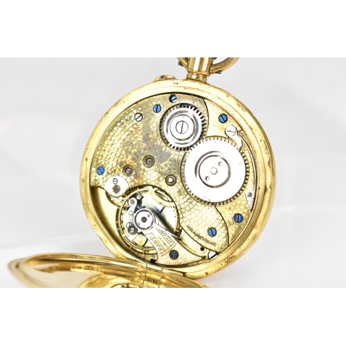 15 - An early 20th century 18ct gold, half hunter. keyless wound pocket watch, the white enamel dial havi... 