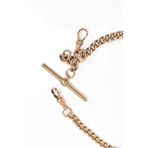 17 - A 9ct rose gold curb link pocket watch chain, with two 9ct gold dog clip clasps and 9ct gold T-bar, ... 