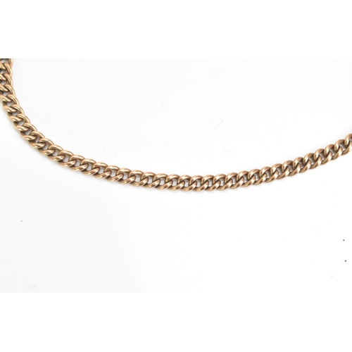 17 - A 9ct rose gold curb link pocket watch chain, with two 9ct gold dog clip clasps and 9ct gold T-bar, ... 