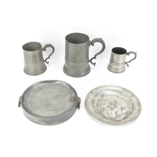 187 - A collection of late 18th/early 19th century pewter to include three tankards, one by Townsend & Com... 