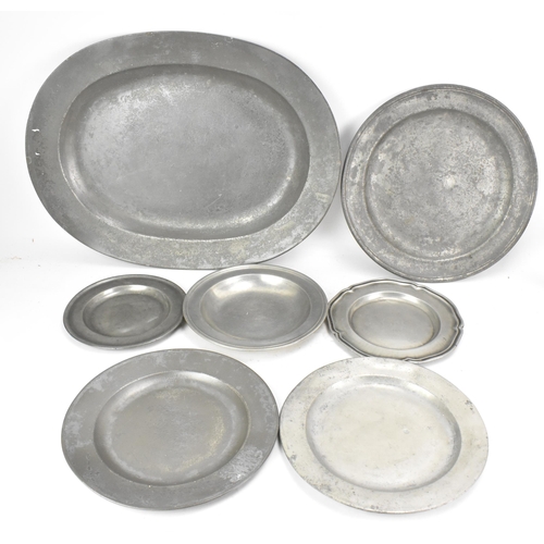 188 - A collection of 18th/19th century pewter plates to include a circa 1760 serving dish by Henry Applet... 