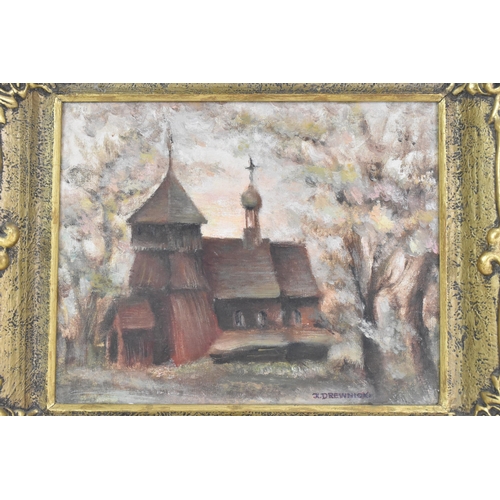 192 - J.Drewnick - An oil on canvas depicting a Polish church, signed to the lower right corner, inscripti... 