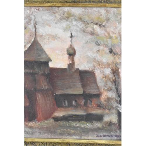 192 - J.Drewnick - An oil on canvas depicting a Polish church, signed to the lower right corner, inscripti... 