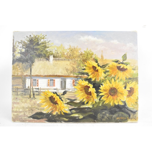 194 - Henryk Gasek (1924-1983) An oil on canvas depicting sunflowers and a cottage, signed to the lower ri... 