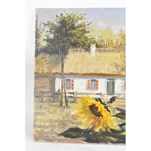 194 - Henryk Gasek (1924-1983) An oil on canvas depicting sunflowers and a cottage, signed to the lower ri... 