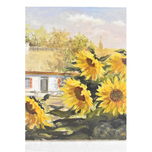 194 - Henryk Gasek (1924-1983) An oil on canvas depicting sunflowers and a cottage, signed to the lower ri... 