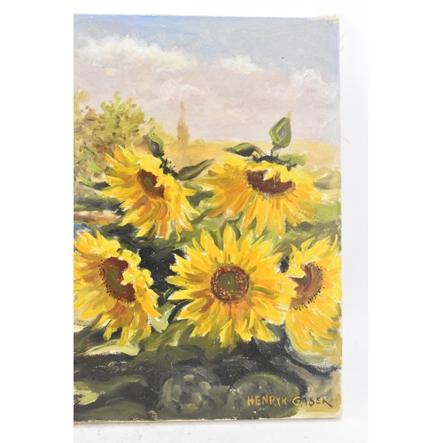 194 - Henryk Gasek (1924-1983) An oil on canvas depicting sunflowers and a cottage, signed to the lower ri... 