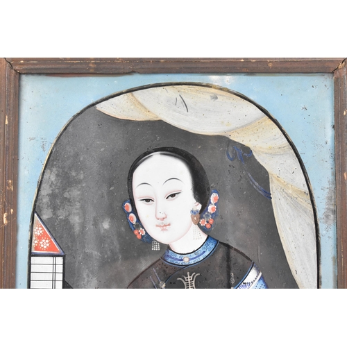 196 - A Chinese Qing dynasty, 19th century, reverse glass painting, depicting a female musician wearing tr... 