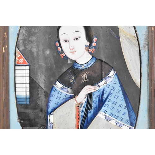 196 - A Chinese Qing dynasty, 19th century, reverse glass painting, depicting a female musician wearing tr... 