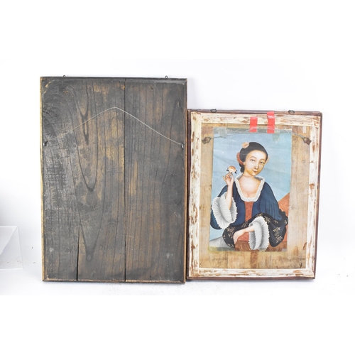 197 - Two Chinese Qing dynasty, 19th century, reverse glass paintings, both depicting ladies, one of a mus... 