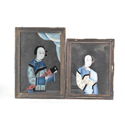 197 - Two Chinese Qing dynasty, 19th century, reverse glass paintings, both depicting ladies, one of a mus... 