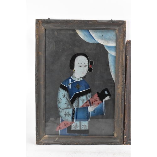 197 - Two Chinese Qing dynasty, 19th century, reverse glass paintings, both depicting ladies, one of a mus... 