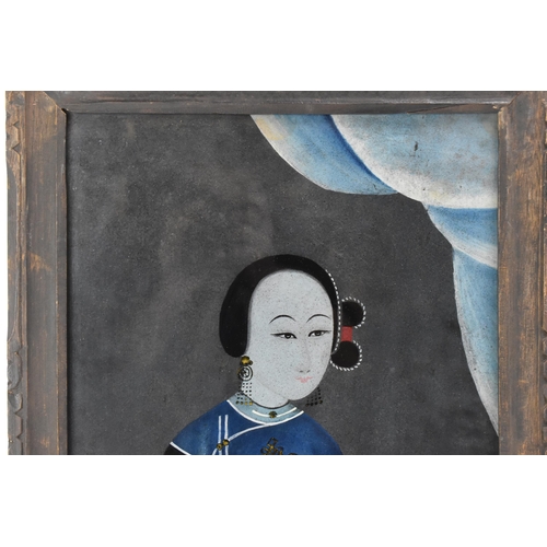 197 - Two Chinese Qing dynasty, 19th century, reverse glass paintings, both depicting ladies, one of a mus... 