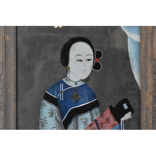 197 - Two Chinese Qing dynasty, 19th century, reverse glass paintings, both depicting ladies, one of a mus... 