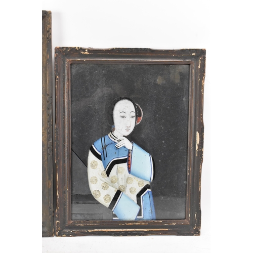 197 - Two Chinese Qing dynasty, 19th century, reverse glass paintings, both depicting ladies, one of a mus... 